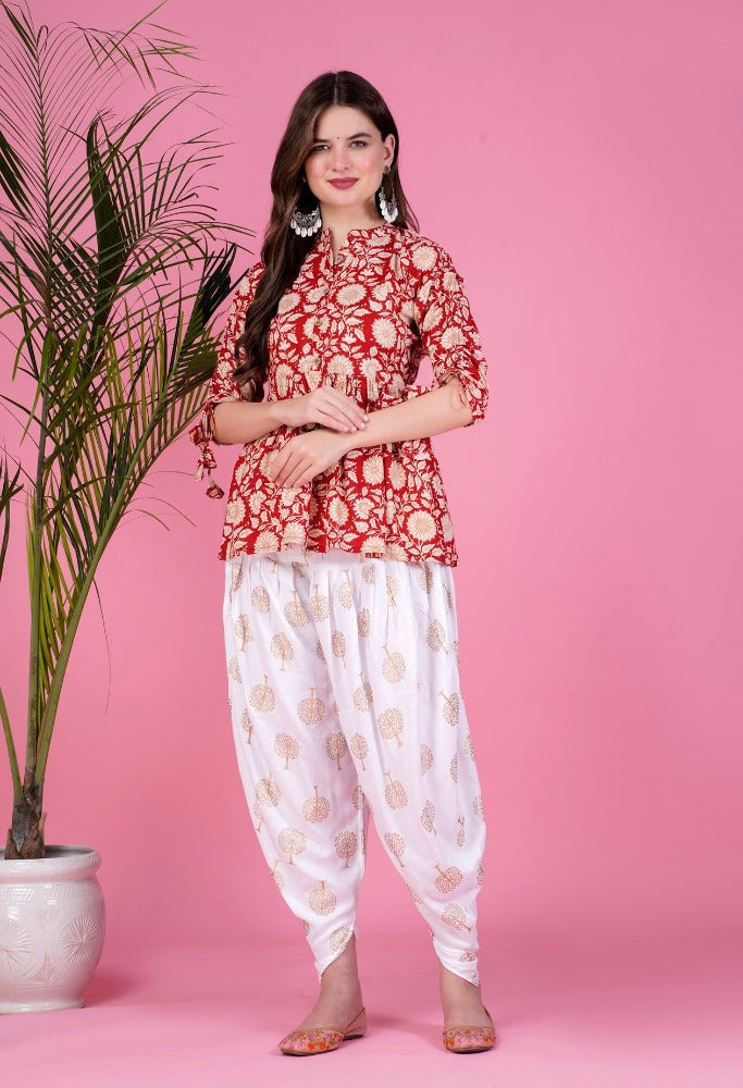 Maroon Ethnic Printed Kurta with tassels and Dhoti Pant Set