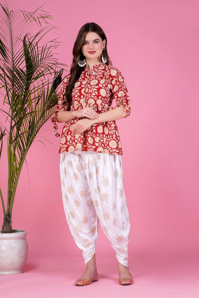 Maroon Ethnic Printed Kurta with tassels and Dhoti Pant Set