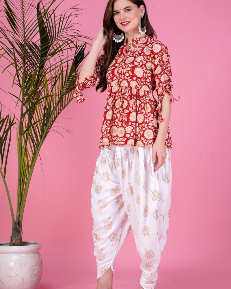 Maroon Ethnic Printed Kurta with tassels and Dhoti Pant Set - Image 3