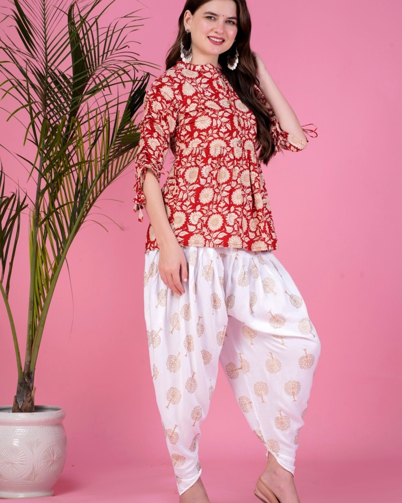 Maroon Ethnic Printed Kurta with tassels and Dhoti Pant Set - Image 2