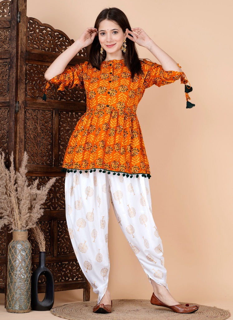 Mustard Mandarin Coller Pure Cotton  Womens Ethnic Party Wear Kurta and Dhoti Pant Set